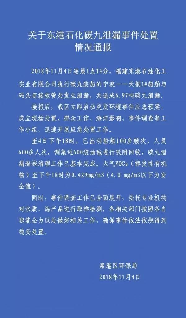 突发！福建东港石化船舶泄露6.97吨碳九